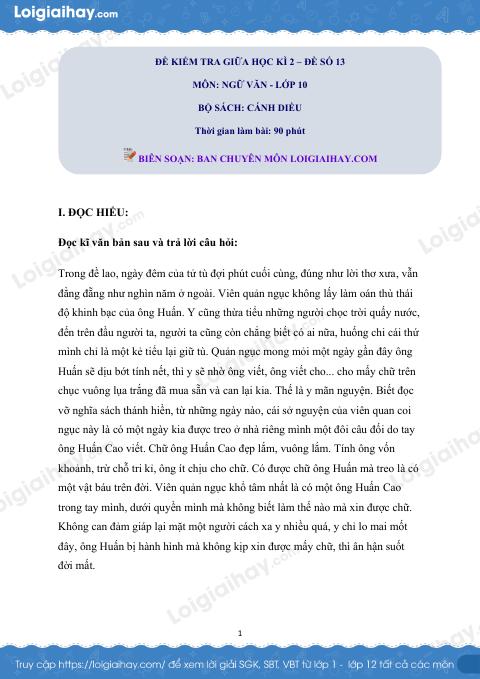 Đề thi giữa kì 2 Văn 10 Cánh diều - Đề số 13